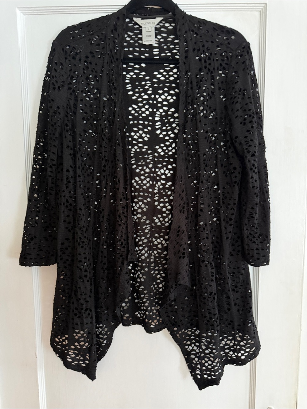 Multiples Black Crochet Open-Front Draped Cardigan